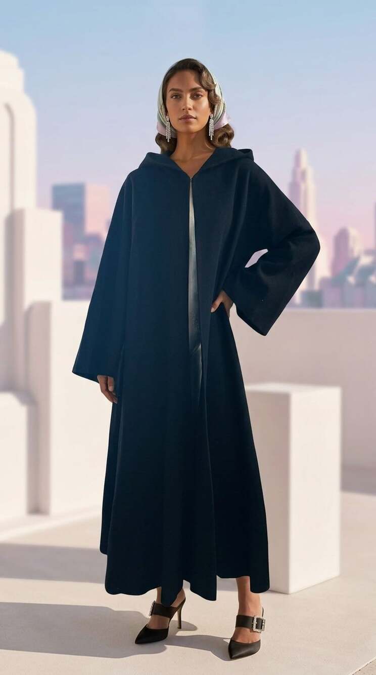 Estella Marie New York Black Hooded Open Front Flared Maxi Abaya Cloak Coat